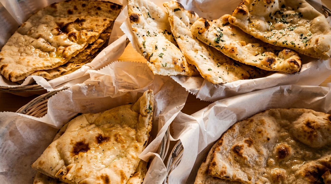 Multiple baskets of warm naan bread, some plain and some topped with herbs, on a wooden table.
