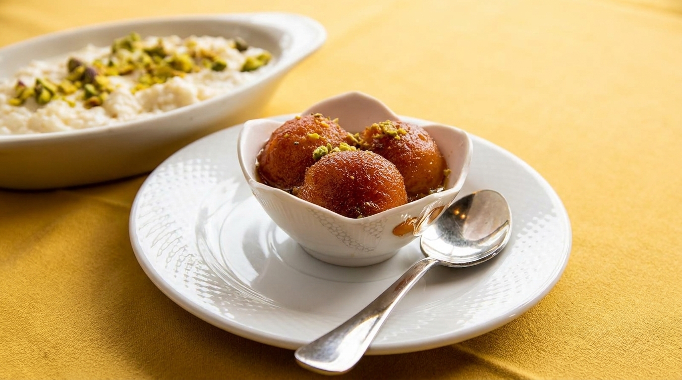Gulab jamun dessert with pistachios in a white bowl, with rice pudding in the background.
