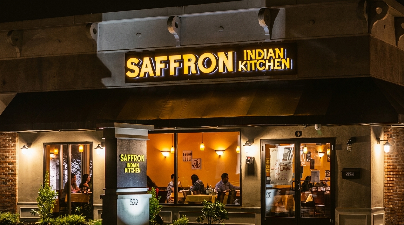Exterior night view of Saffron Indian Kitchen with illuminated sign and patrons dining inside.