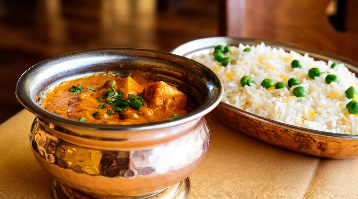 Indian curry with paneer and peas in a copper bowl, alongside rice with peas.