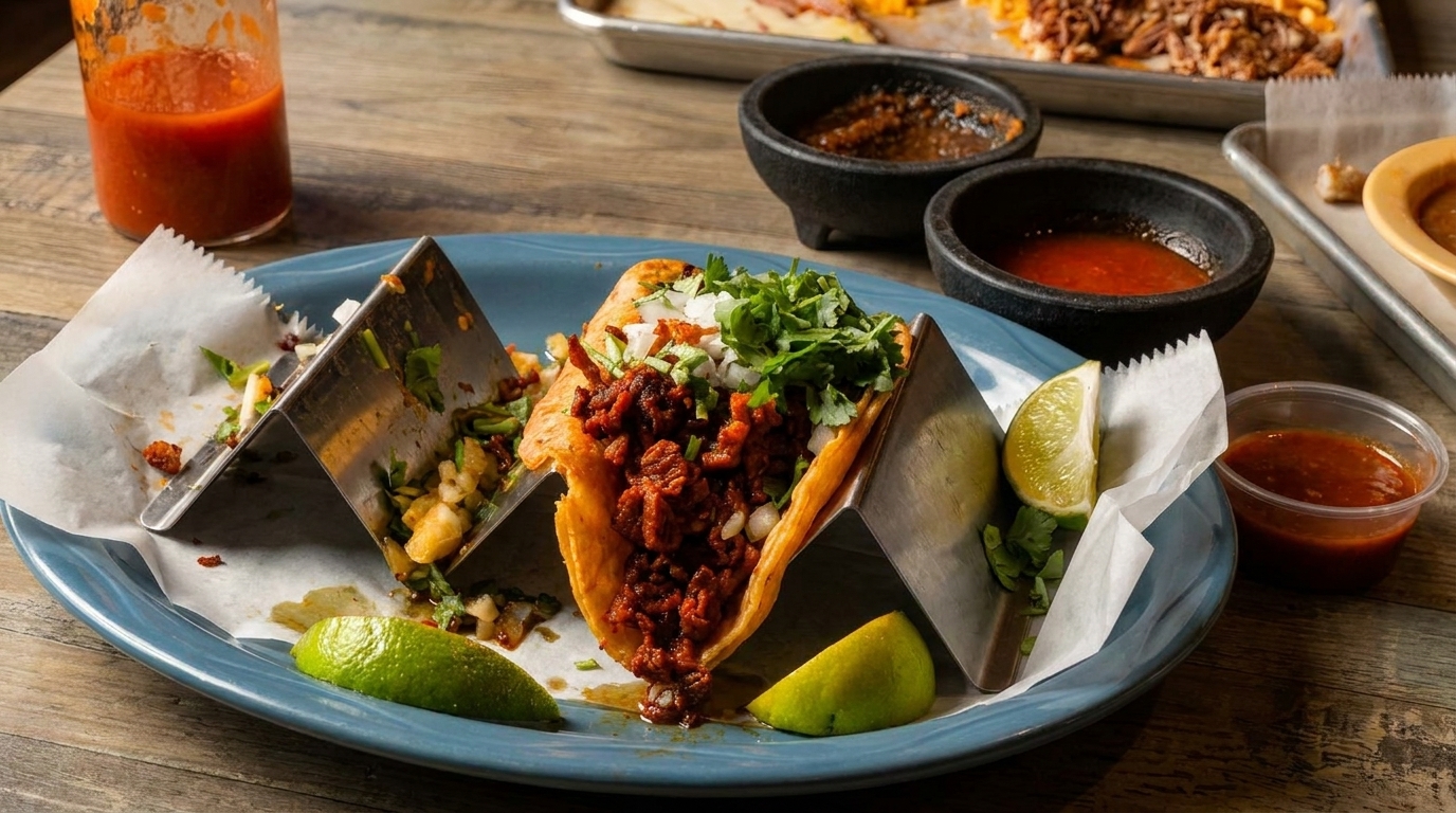 Three tacos in metal holders on a blue plate, with limes and various salsas on a wooden table.
