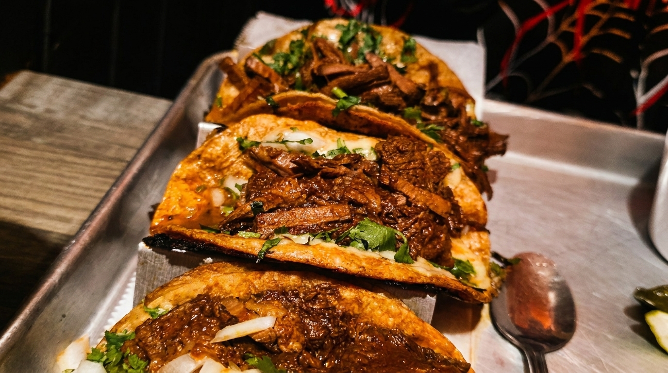 Three delicious birria tacos with cilantro and onions on a metal tray, with a spoon and pickles.