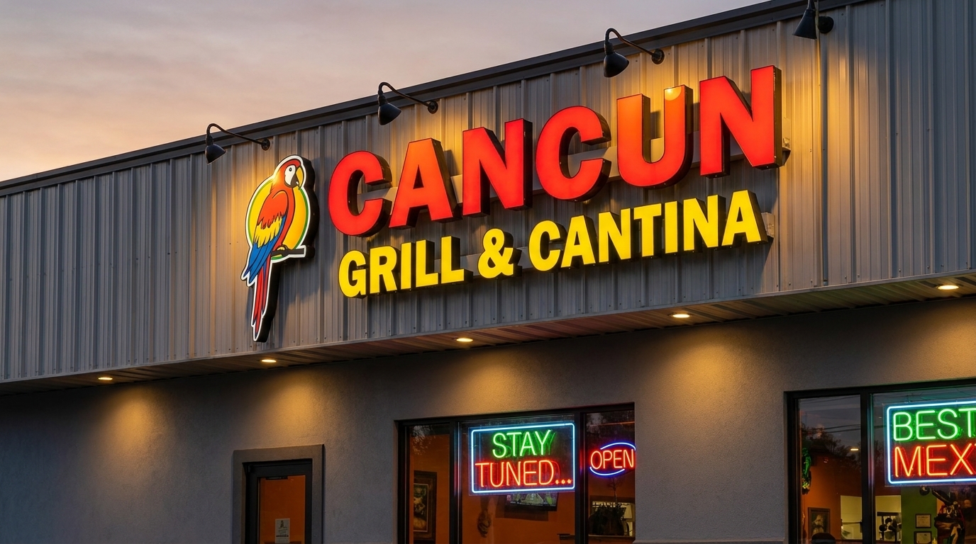 Exterior of Cancun Grill & Cantina with a colorful parrot logo and neon signs at dusk.