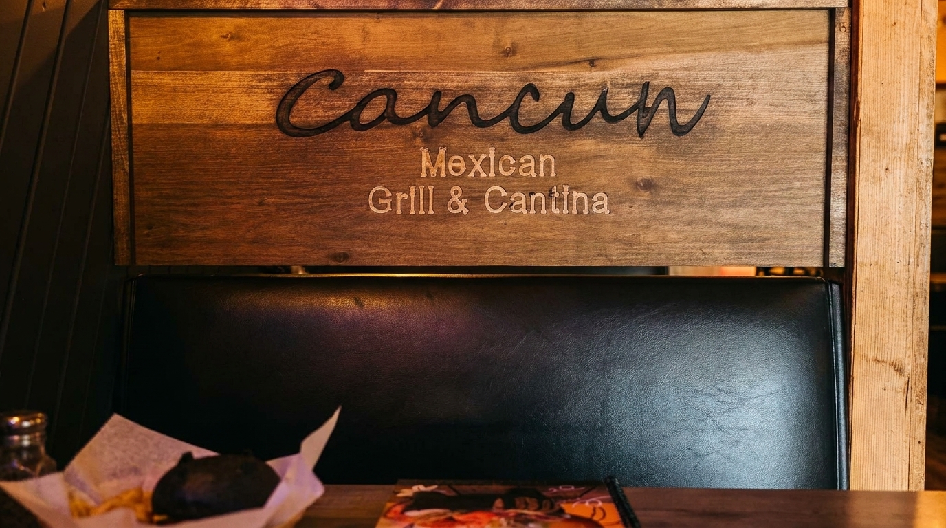 Cancun Mexican Grill & Cantina sign on a wooden booth back with a menu and food.