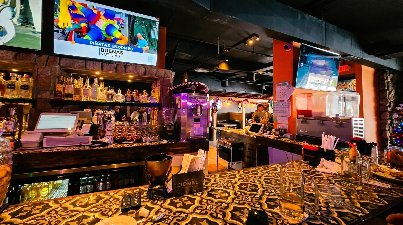 A vibrant bar interior with a patterned countertop, liquor bottles, TVs, and a person working behind the bar.