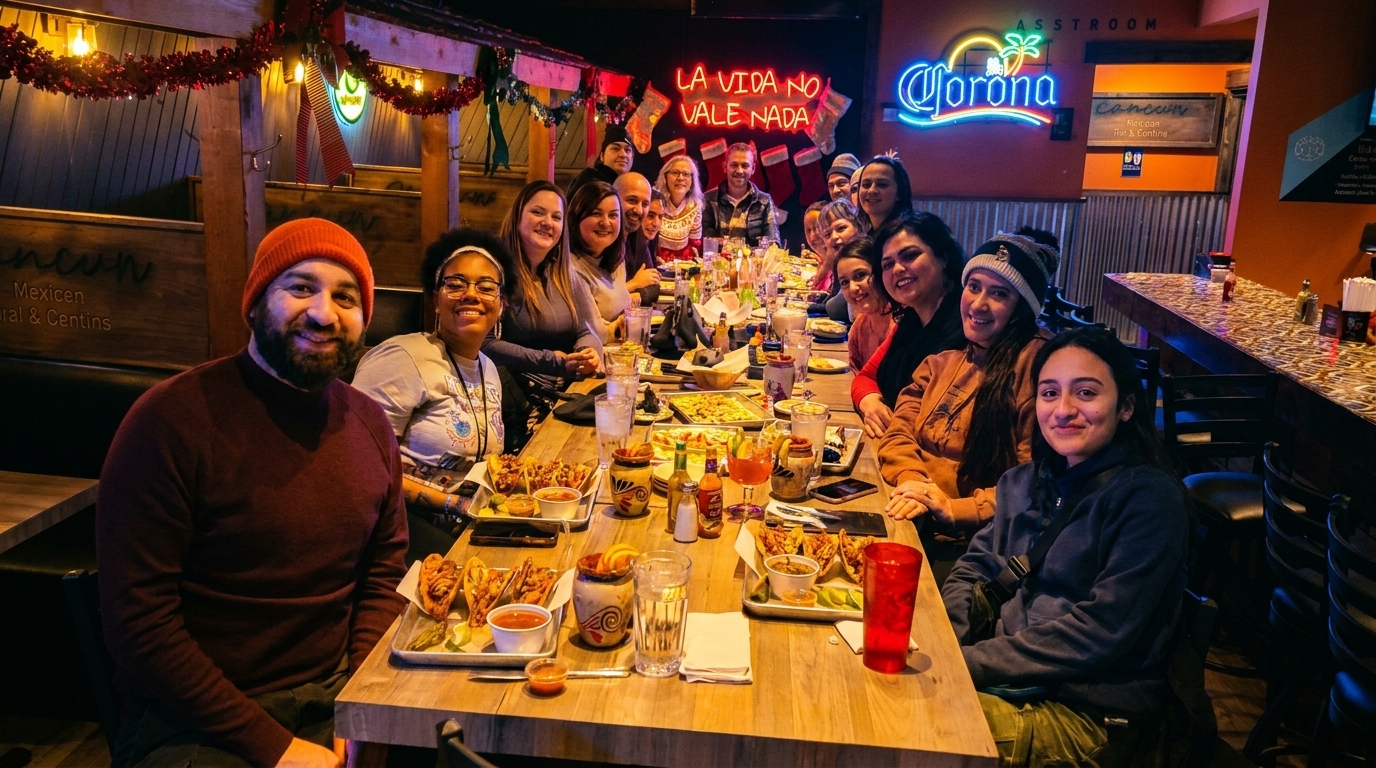 A large group of people smiling and dining at a long table in a festive, dimly lit restaurant.