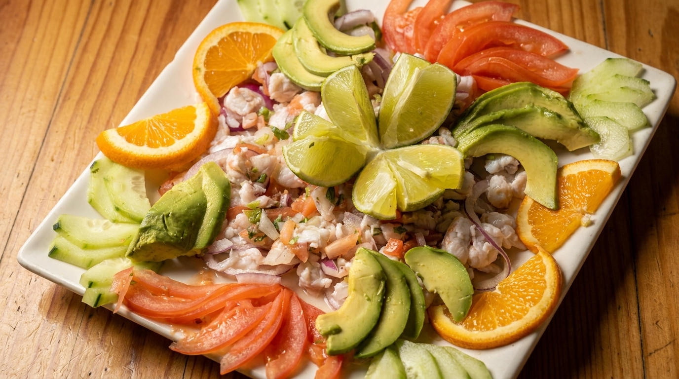Ceviche with shrimp, avocado, lime, tomato, cucumber, and orange slices on a white plate.