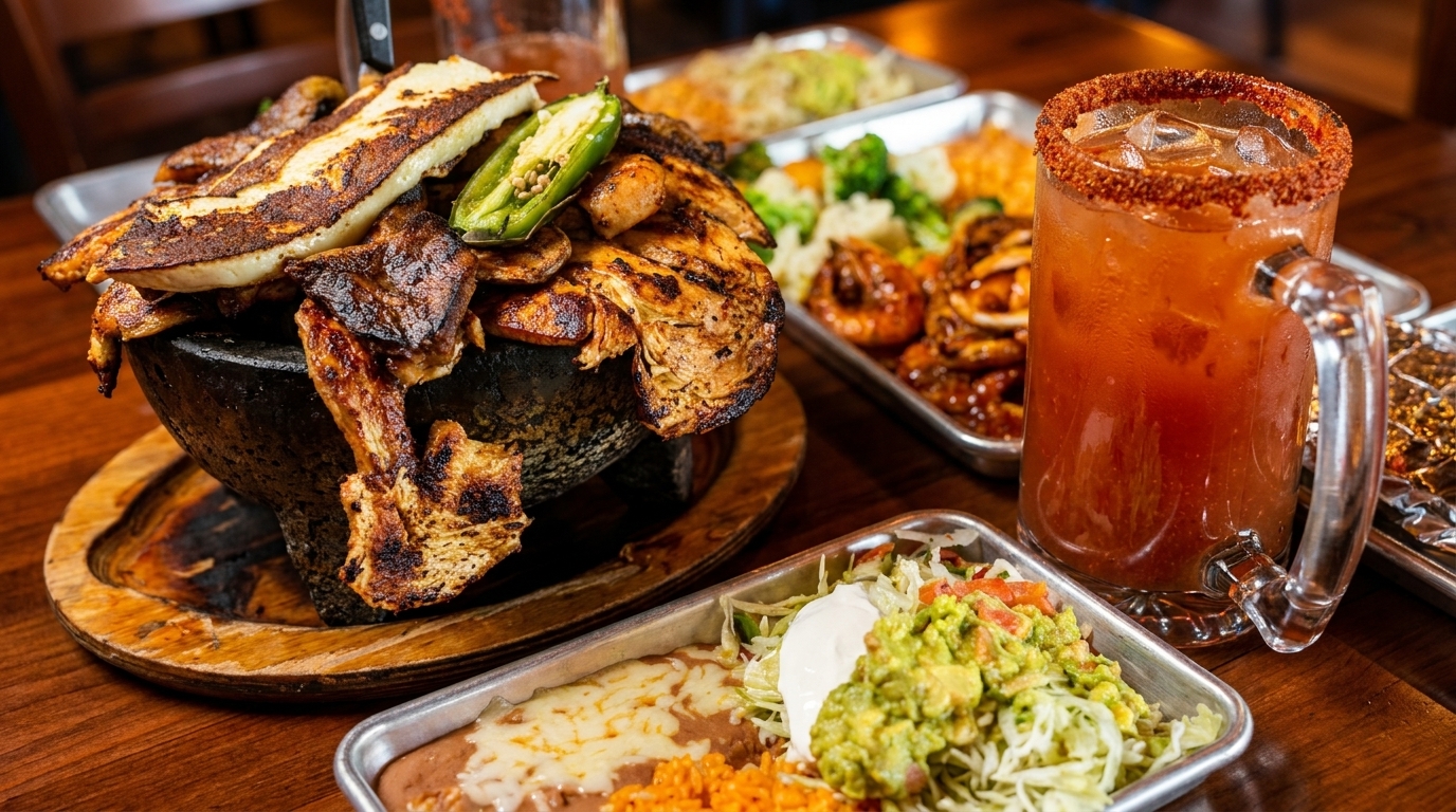 Molcajete with grilled meats, cheese, and jalapeños, alongside a michelada and Mexican side dishes.