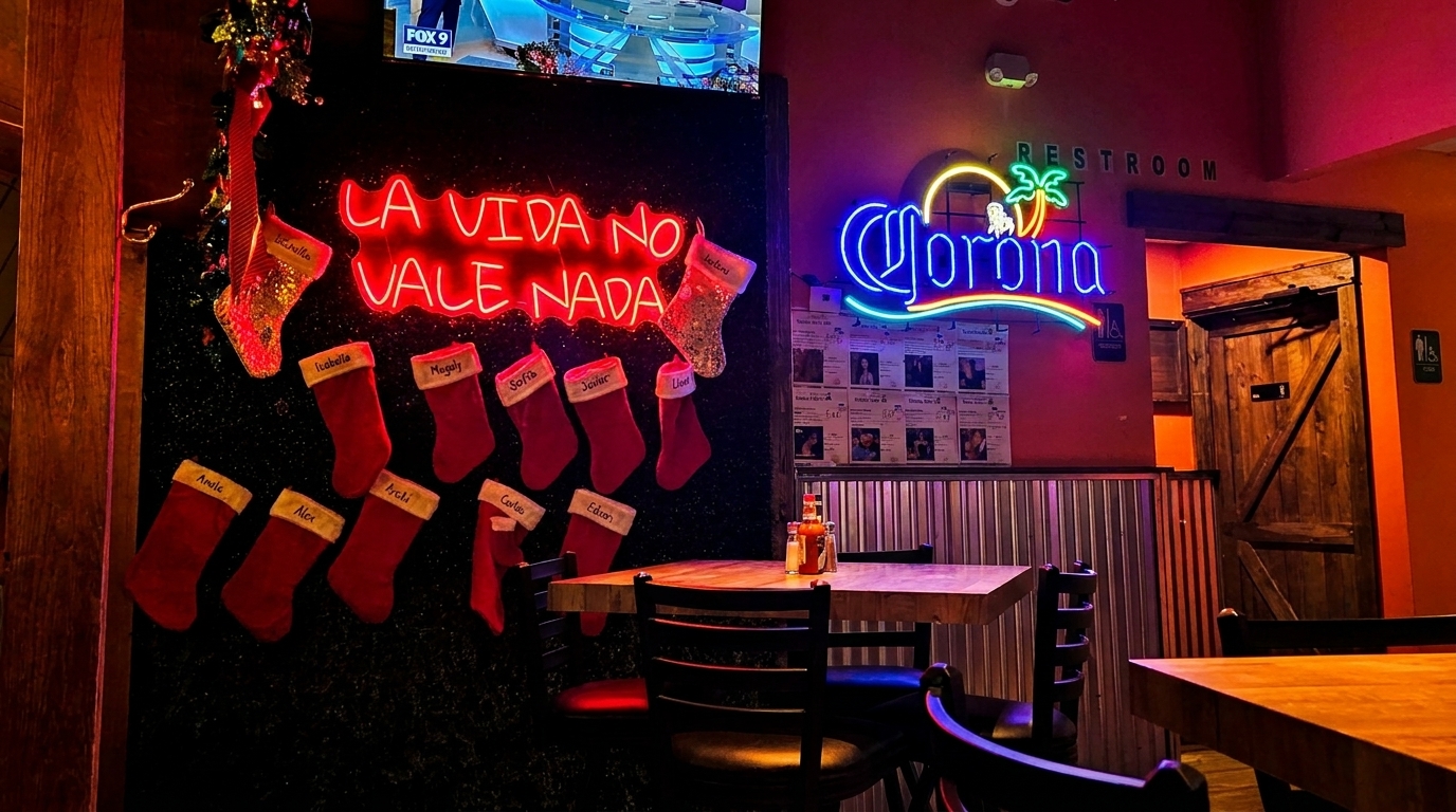A restaurant interior with neon signs, Christmas stockings, and wooden tables with chairs.