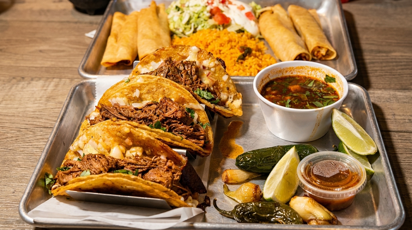 Two metal trays of Mexican food, including tacos, taquitos, rice, salad, soup, and grilled peppers.