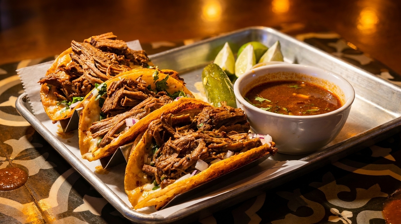 Four birria tacos with consome, lime wedges, and a pickle on a metal tray.