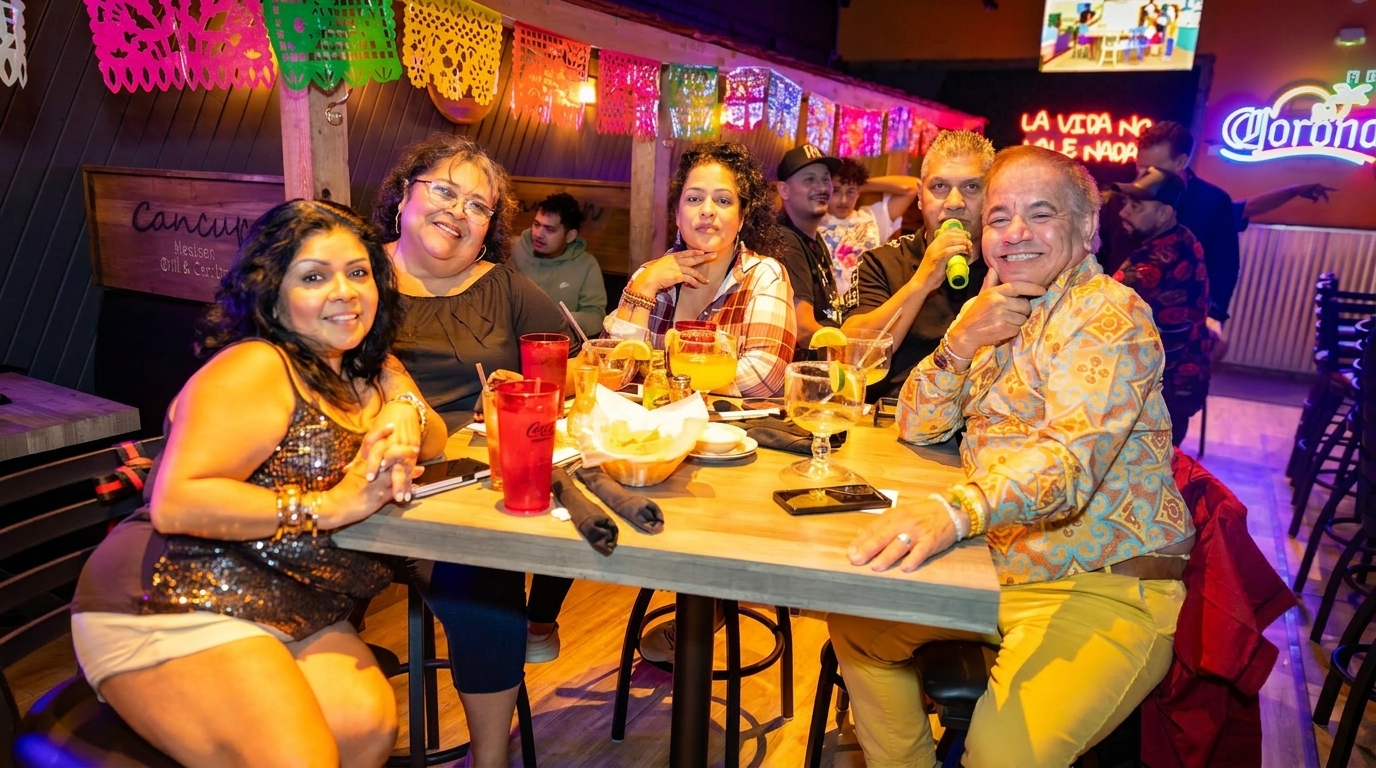 Group of smiling people enjoying drinks and food at a table in a festive Mexican restaurant.