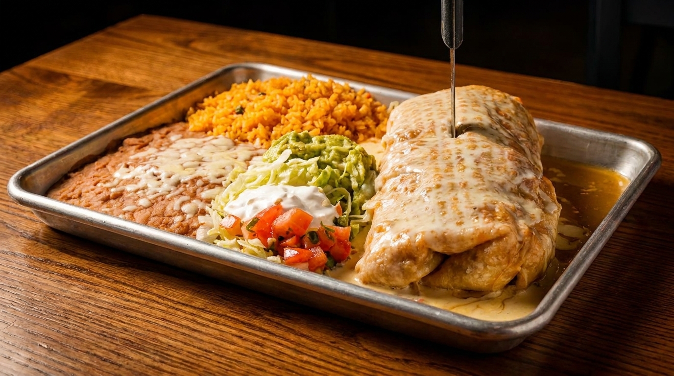 A large burrito covered in white sauce, with rice, refried beans, guacamole, and pico de gallo.