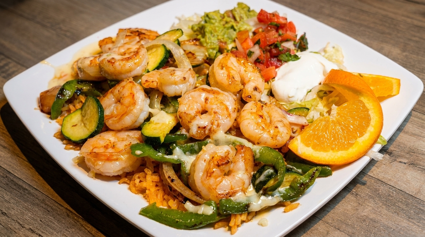 Grilled shrimp with zucchini, bell peppers, rice, guacamole, pico de gallo, sour cream, and orange slices.