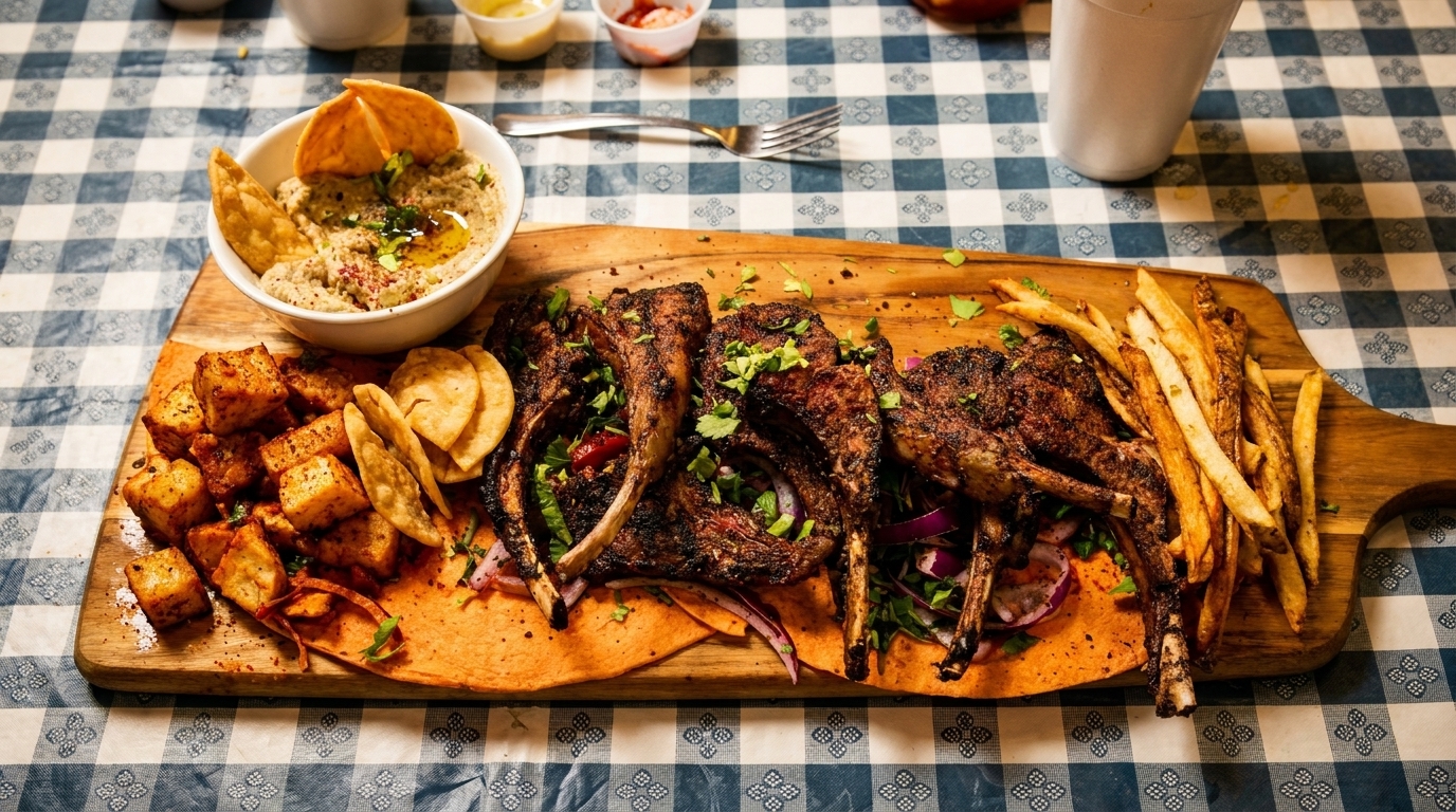Grilled lamb chops, fries, roasted potatoes, and hummus with chips on a wooden board.