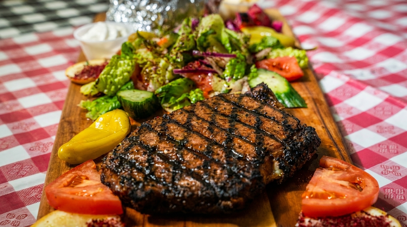 Grilled steak with grill marks, a side salad, sliced tomatoes, and a yellow pepper on a wooden board.