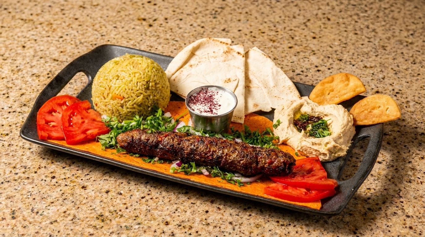 A black platter with a kebab, rice, hummus, pita bread, tomatoes, and a white sauce.