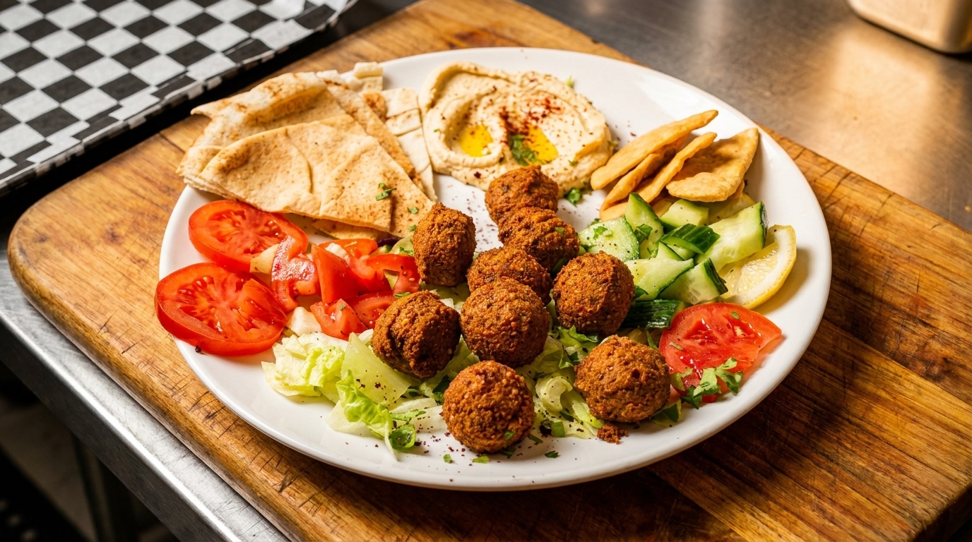 A falafel platter with hummus, pita bread, tomatoes, cucumbers, and lettuce on a wooden board.