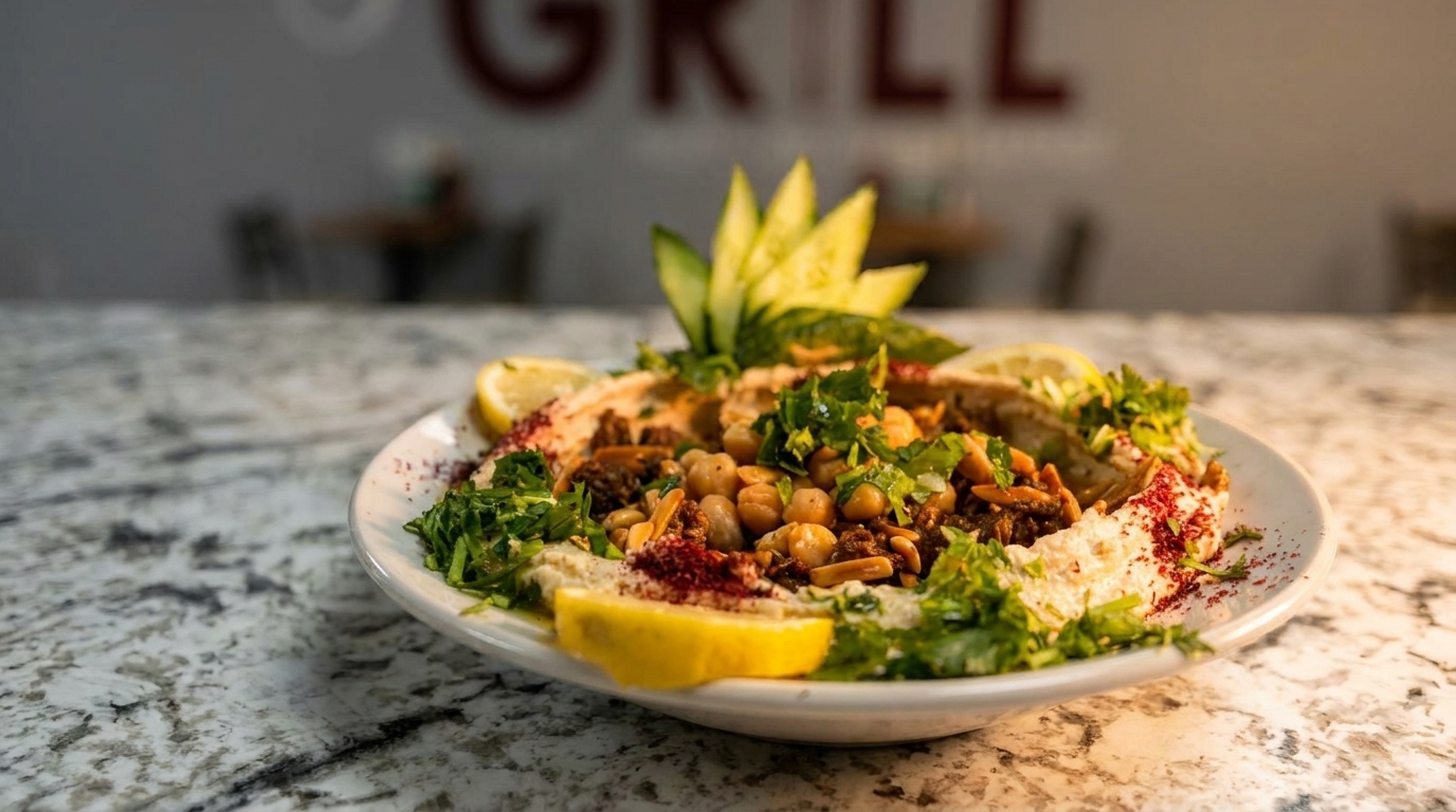 Hummus plate topped with chickpeas, ground meat, pine nuts, parsley, sumac, and lemon wedges.