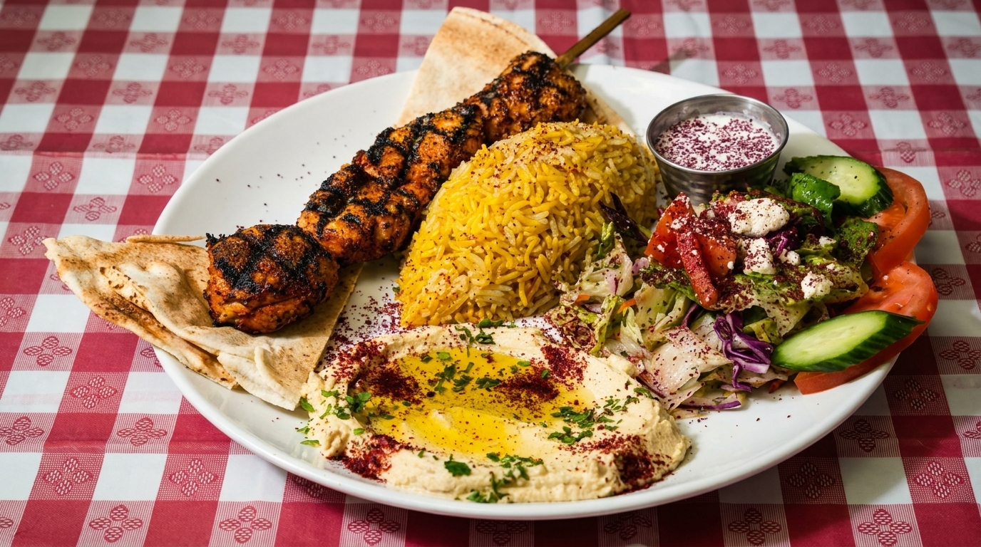 Grilled chicken kebabs, yellow rice, hummus, salad, and pita bread on a white plate.
