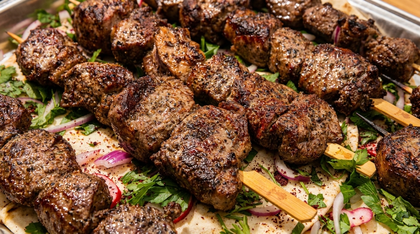 Grilled meat skewers with herbs and red onions on flatbread, ready to serve.