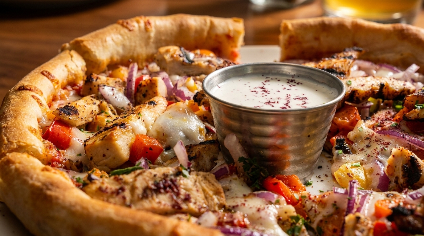 Close-up of a deep-dish pizza with chicken, red onions, tomatoes, and a side of white sauce.