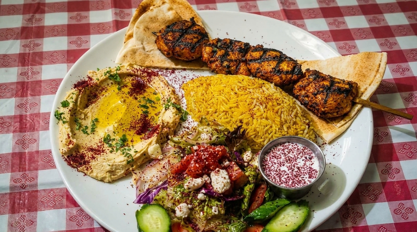 A plate of chicken shish tawook, hummus, yellow rice, salad, and pita bread on a red checkered tablecloth.