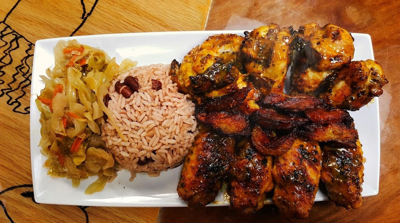 A white rectangular plate holds jerk chicken, rice and peas, and steamed cabbage.