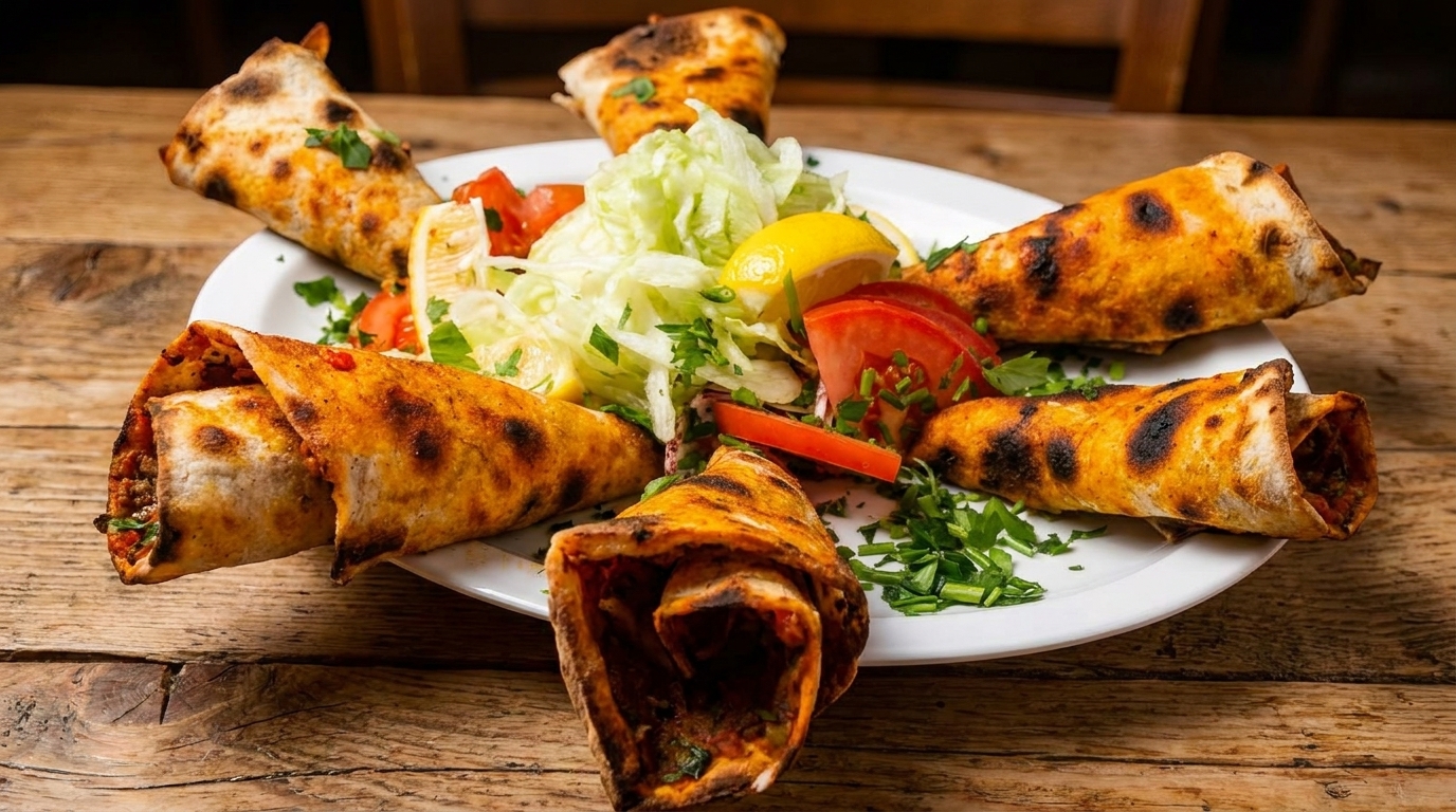 Six baked wraps with charred edges, filled with meat, served with salad, lemon, and tomatoes.