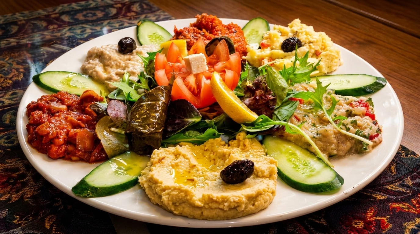 A large white platter filled with various Mediterranean appetizers, including hummus, baba ghanoush, and stuffed grape leaves.