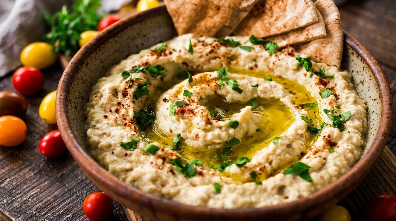 Creamy hummus drizzled with olive oil, sprinkled with paprika and parsley, served with pita bread.