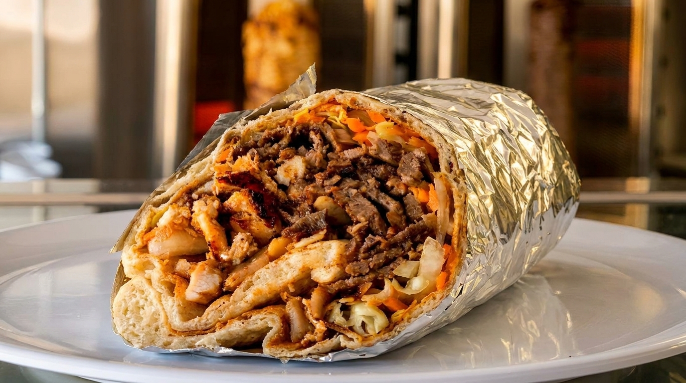 A large, foil-wrapped kebab with mixed meats and vegetables on a white plate.