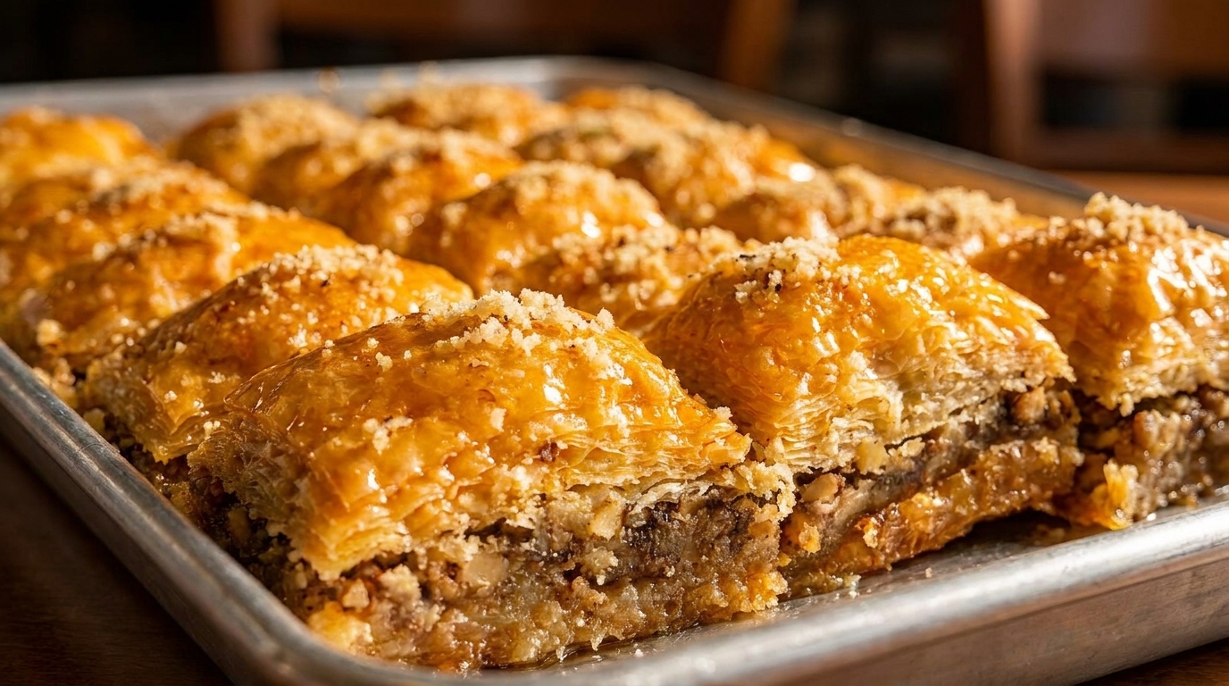 A tray of golden-brown baklava squares, drizzled with syrup and sprinkled with chopped nuts.