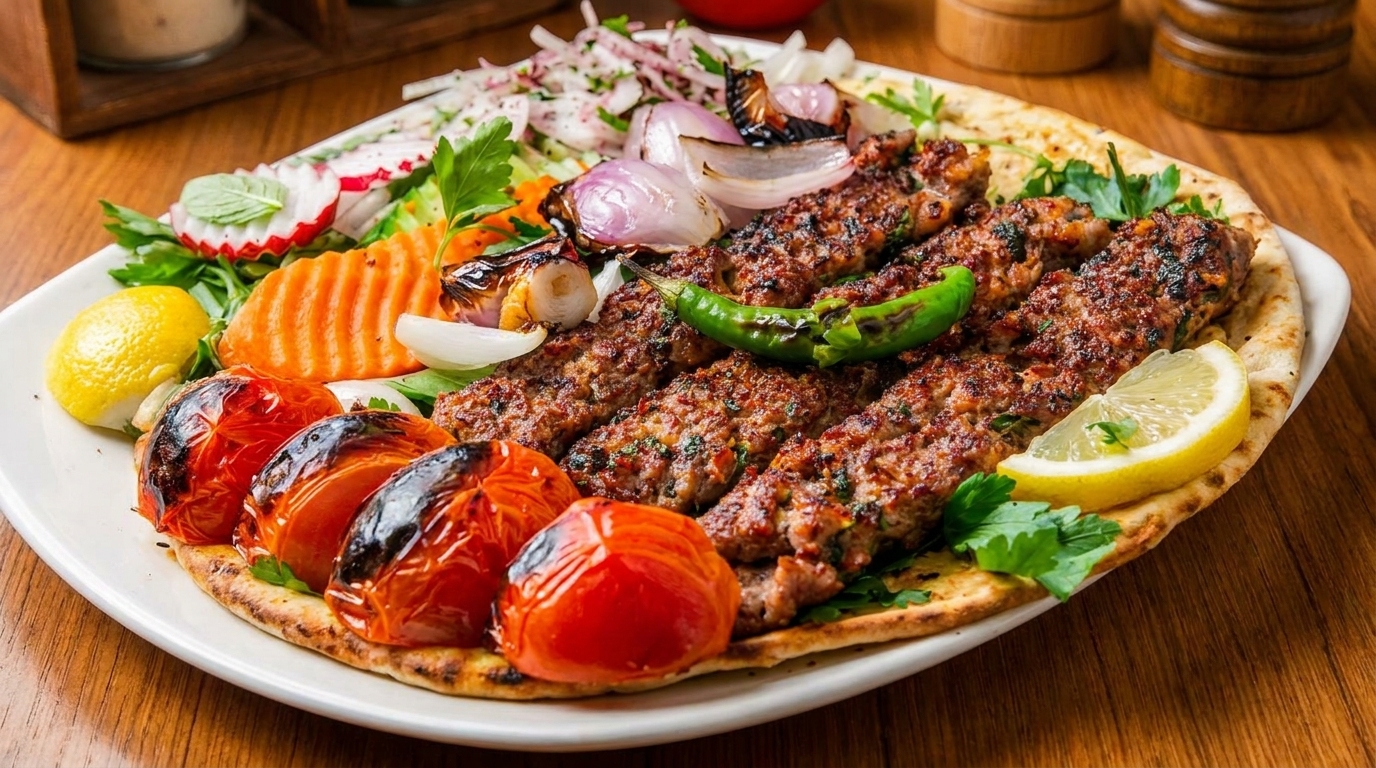 Grilled Adana kebabs on flatbread with roasted tomatoes, onions, lemon, and fresh salad.