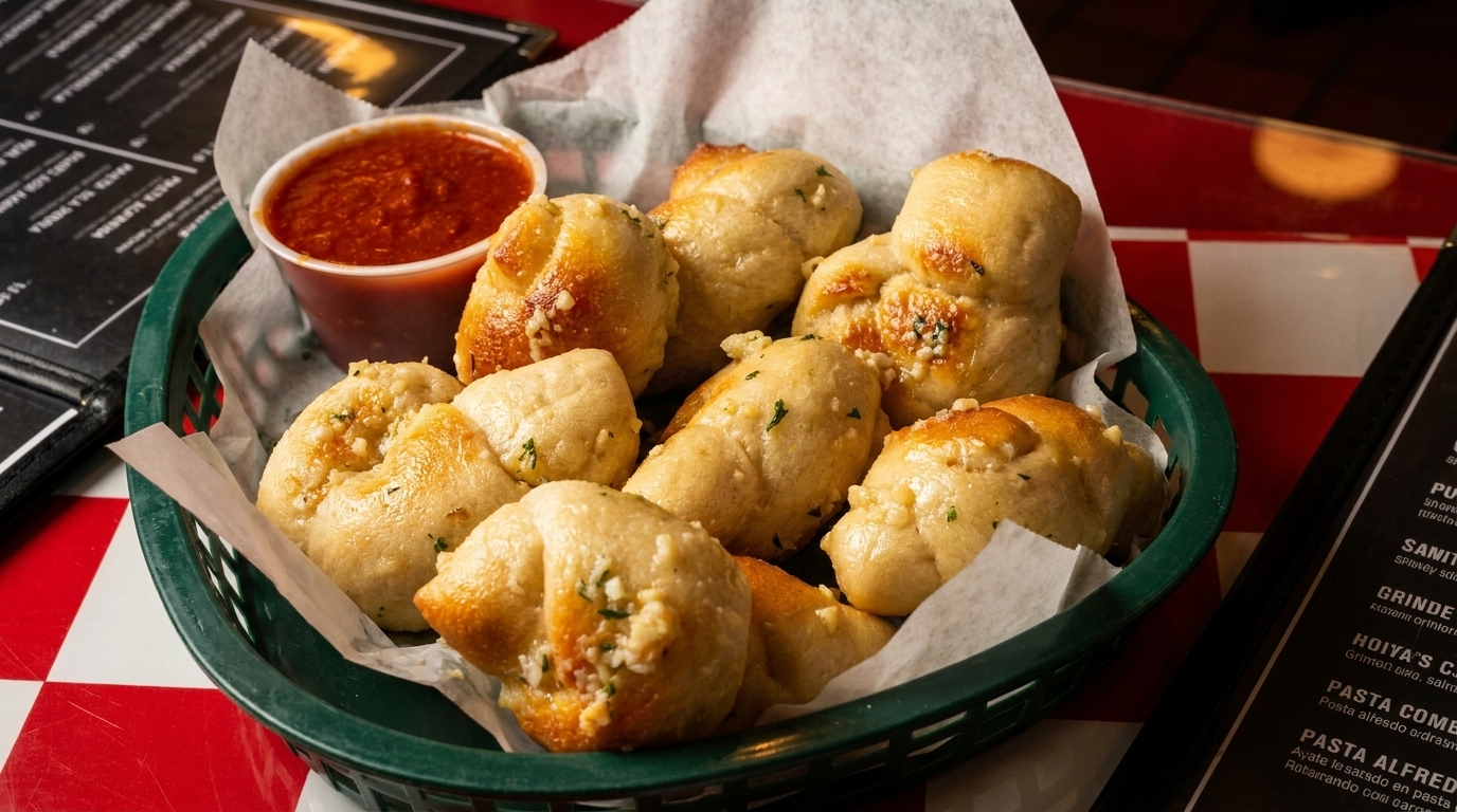 A basket of golden-brown garlic knots with parsley and parmesan, served with a side of marinara sauce.