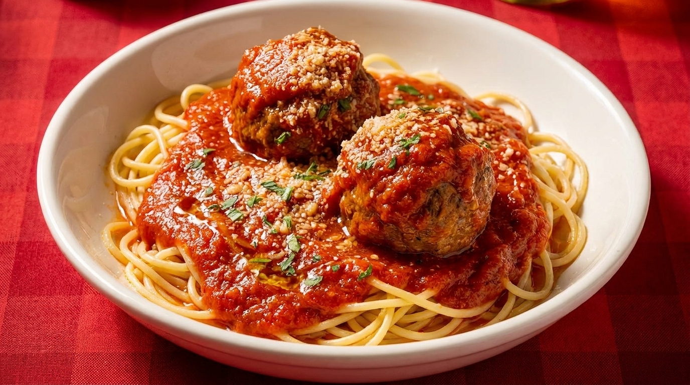Spaghetti and meatballs in a white bowl, topped with red sauce, cheese, and parsley.