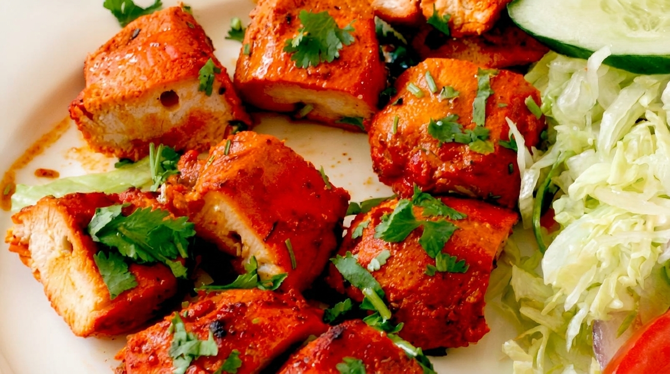 Close-up of vibrant red chicken tikka pieces garnished with cilantro, served with a side salad.