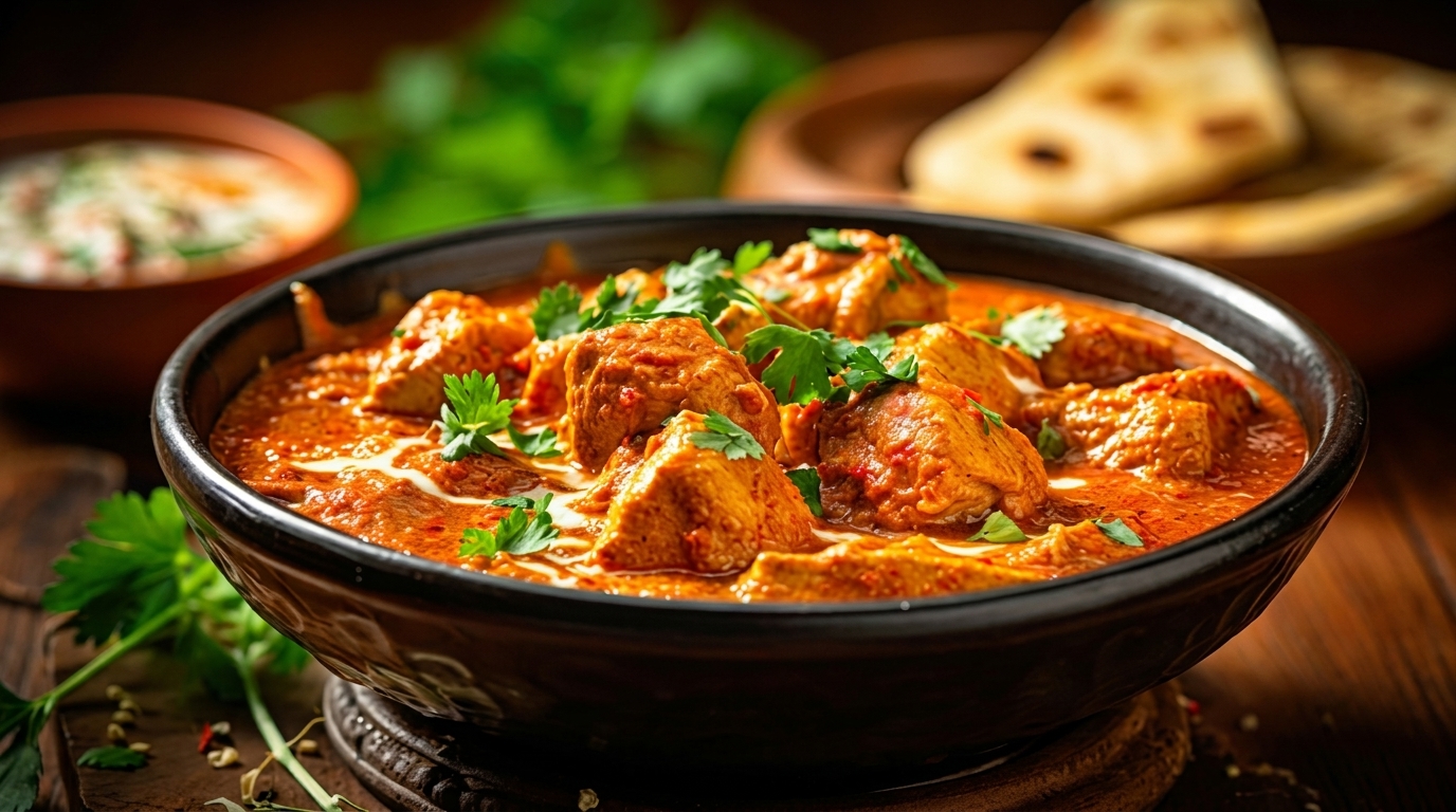 A close-up of a bowl of chicken tikka masala, garnished with fresh cilantro, with naan bread in the background.