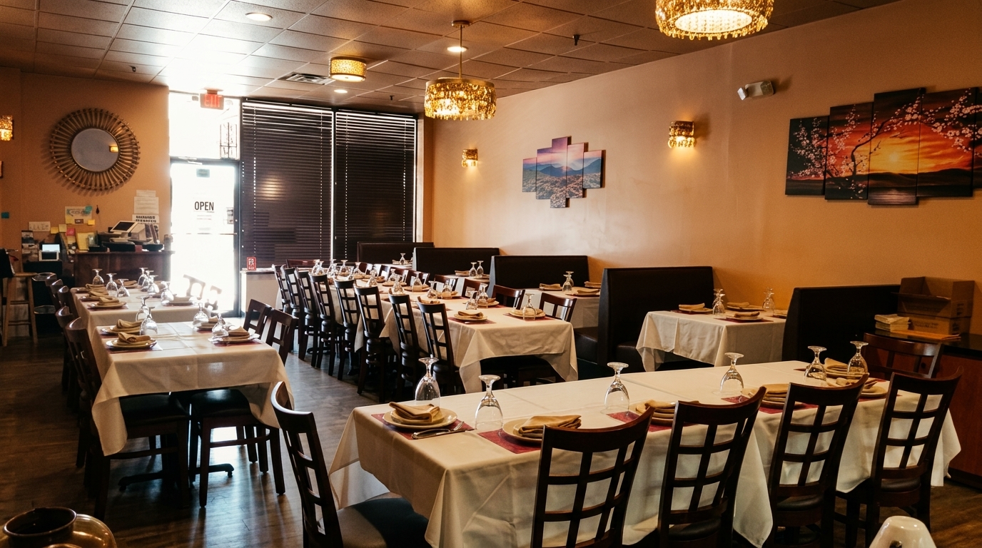 An empty restaurant dining room with set tables, booths, and decorative lighting.