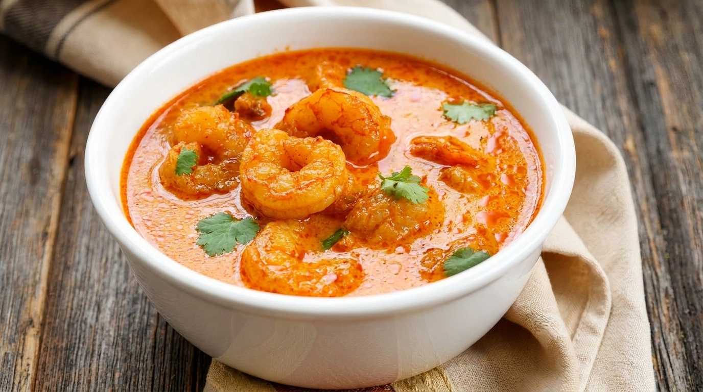 A white bowl filled with vibrant orange shrimp curry, garnished with fresh cilantro, on a rustic wooden table.