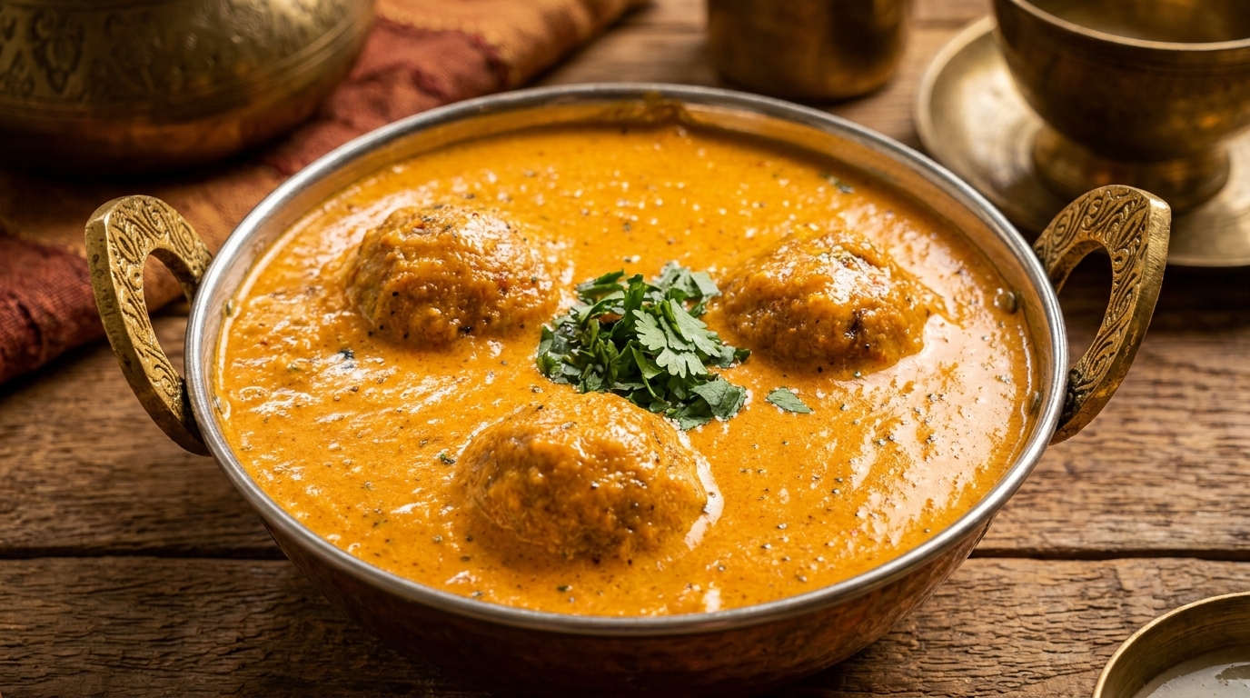 Malai Kofta, a creamy Indian dish with vegetable dumplings, garnished with fresh cilantro in a brass bowl.