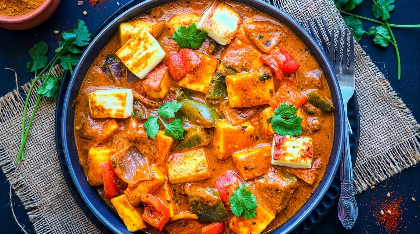 Overhead view of a bowl of paneer curry with bell peppers and cilantro, next to spices and a fork.