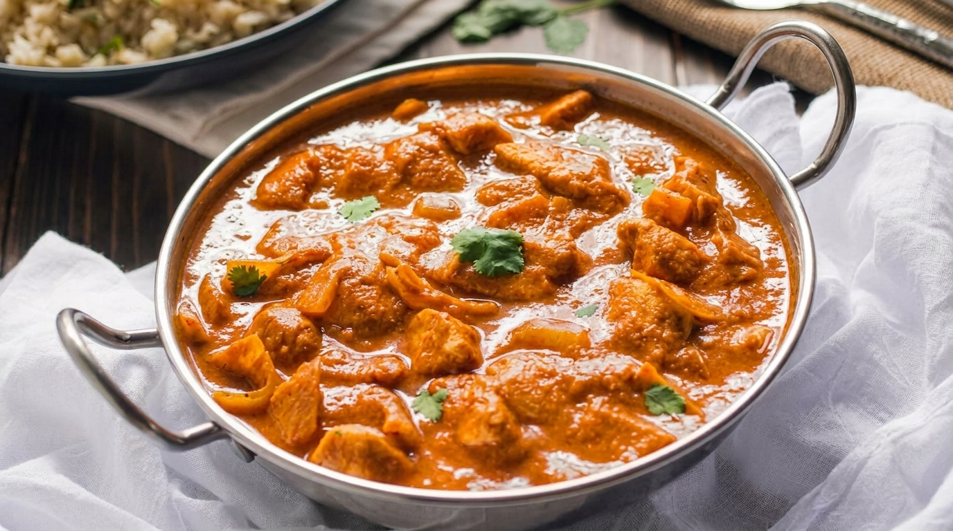 A metal bowl filled with chicken tikka masala, garnished with cilantro, on a white cloth.