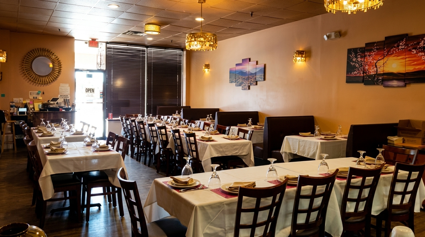 Empty restaurant dining room with tables set with white tablecloths, glasses, and plates, ready for guests.