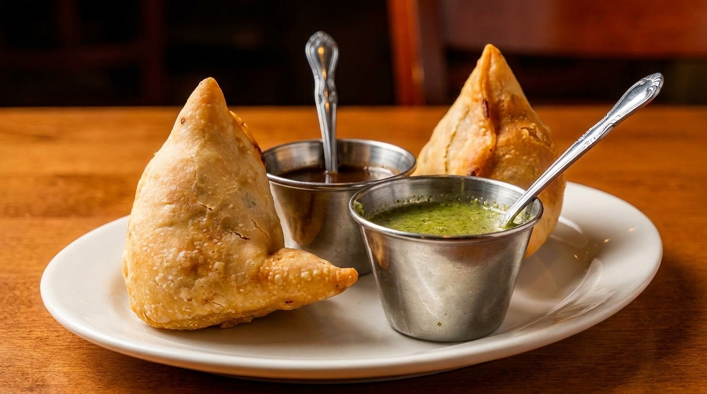 Two golden-brown samosas with green and brown chutneys in steel cups on a white plate.