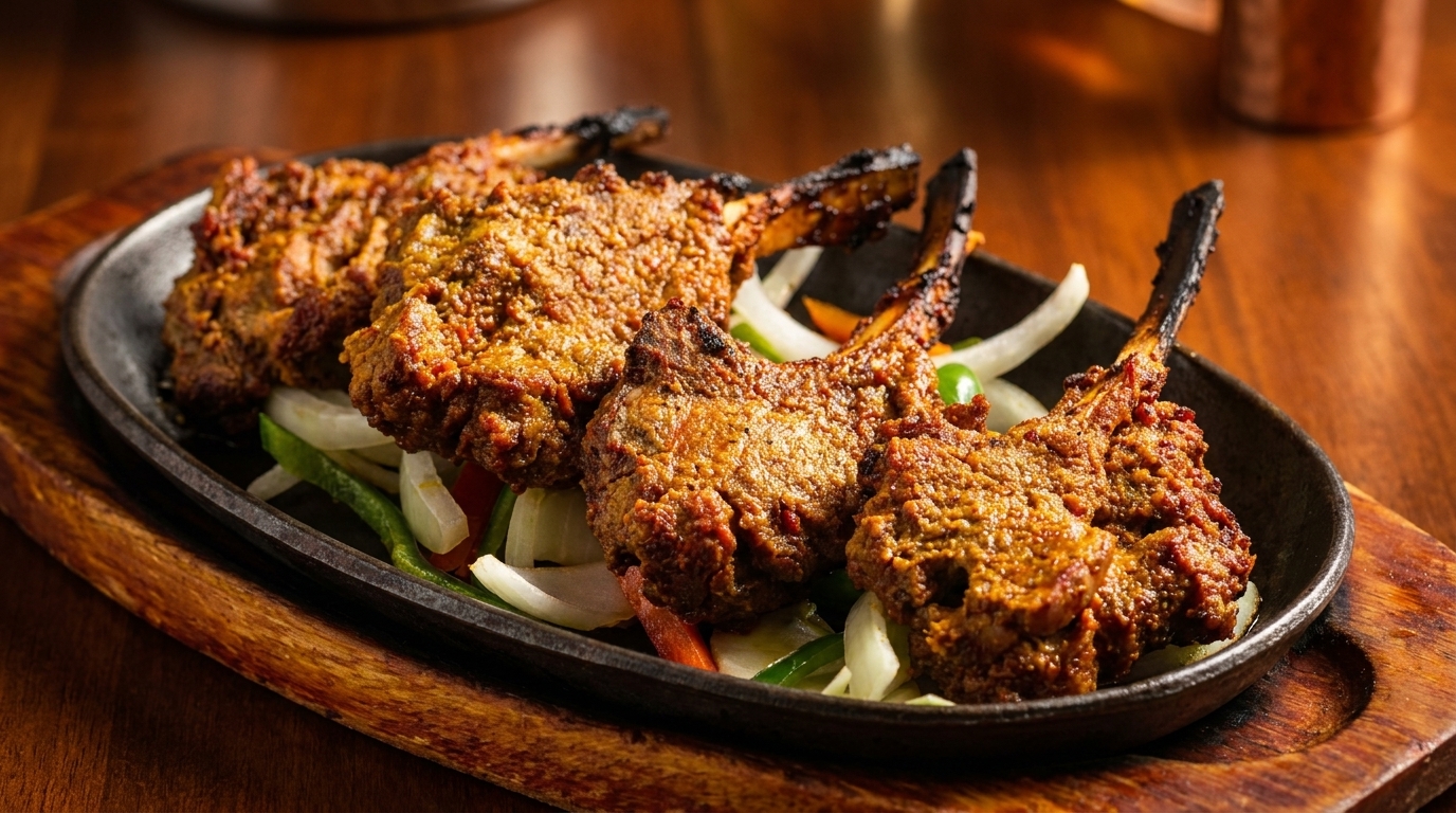 Four sizzling lamb chops with onions and peppers on a black cast iron platter.