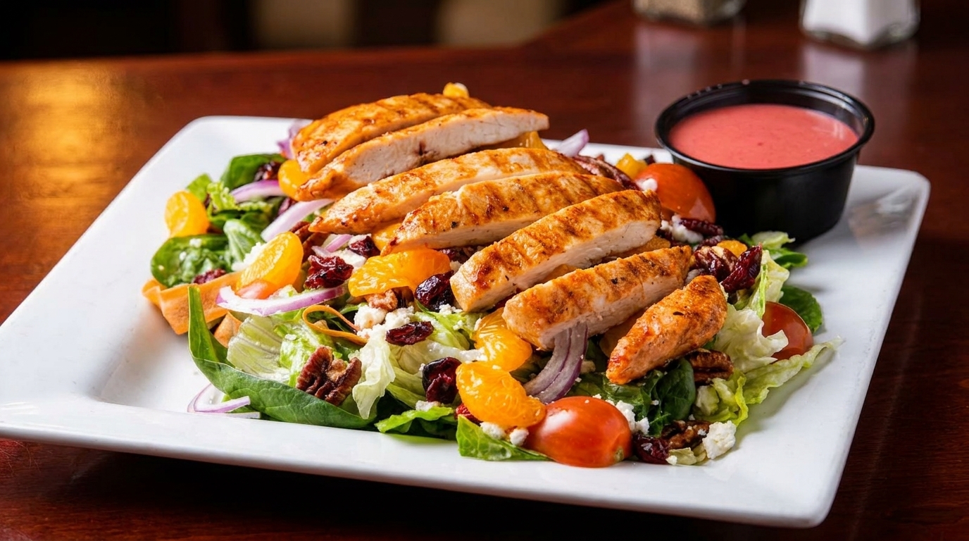 Grilled chicken salad with mandarins, cranberries, pecans, and feta cheese, served with a side of dressing.
