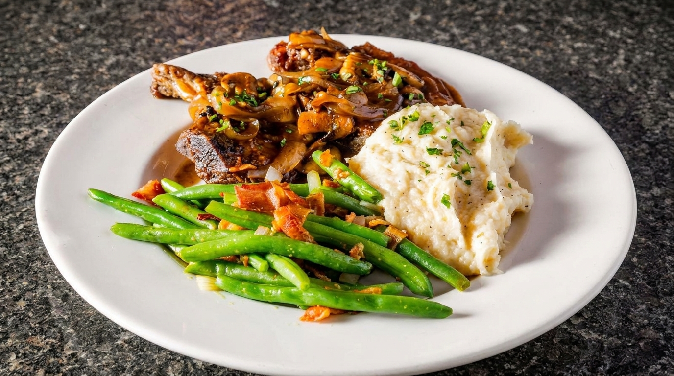 Braised short ribs with caramelized onions, mashed potatoes, and green beans with bacon on a white plate.
