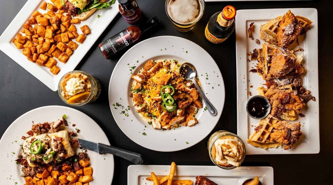 Overhead view of various brunch dishes including chicken and waffles, biscuits, and fried potatoes.