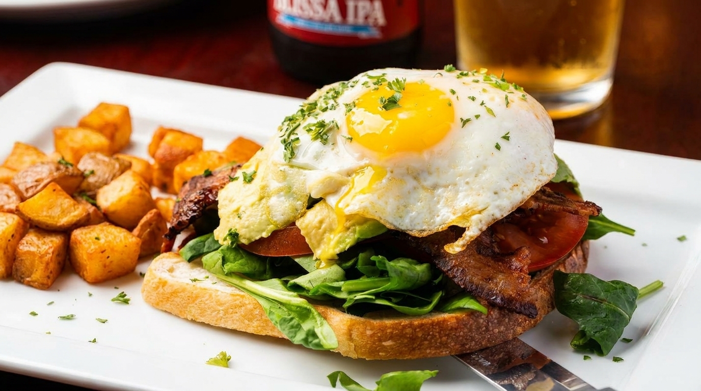 Open-faced sandwich with fried egg, bacon, avocado, tomato, and greens, served with roasted potatoes.
